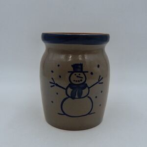 BBP Beaumont Brothers Blue Snowman 1997 Pottery 5.5 Inch Salt Glazed Crock